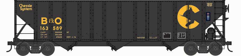 100-Ton 3-Bay Open Hopper with Coal Load - Ready to Run -- Chessie System B&O #163754 (black, yellow)