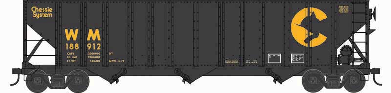 100-Ton 3-Bay Open Hopper with Coal Load - Ready to Run -- Chessie System WM #188912 (black, yellow)