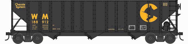 100-Ton 3-Bay Open Hopper with Coal Load - Ready to Run -- Chessie System WM #188912 (black, yellow)