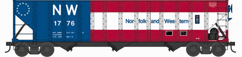 100-Ton 3-Bay Open Hopper with Coal Load - Ready to Run -- Norfolk & Western #1776 (Bicentennial, red, white, blue)
