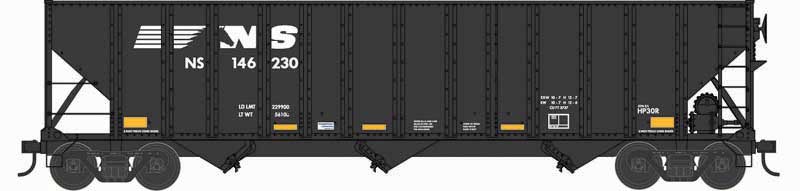 100-Ton 3-Bay Open Hopper with Coal Load - Ready to Run -- Norfolk Southern #146259 (black, Horse Head Logo)