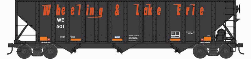 100-Ton 3-Bay Open Hopper with Coal Load - Ready to Run -- Wheeling & Lake Erie #501 (black, orange, Speed Lettering)