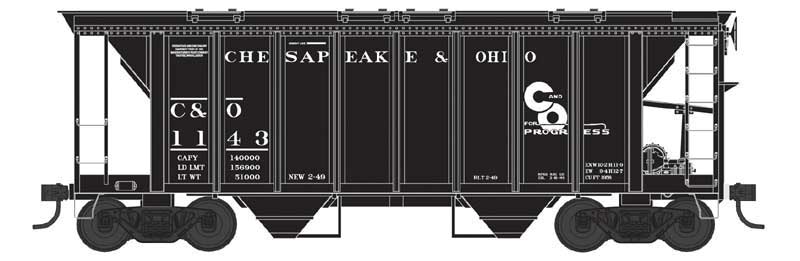 70-Ton 2-Bay Covered Hopper with Closed Sides - Ready to Run -- Chesapeake & Ohio #1148 (black, Progress Logo)
