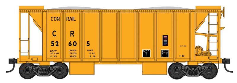 70-Ton 2-Bay Ballast Hopper with Closed Sides - Ready to Run -- Conrail #52605 (MOW yellow, black)