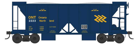 70-Ton 2-Bay Ballast Hopper with Open Sides - Ready to Run -- Ontario Northland #2223 (blue, yellow, Chevron Logo)