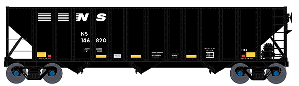 Executive Line 100-Ton 3-Bay Open Hopper Assembled -- Norfolk Southern #146820 (black, white Logo, Conspicuity Stripes, 2008 Schem