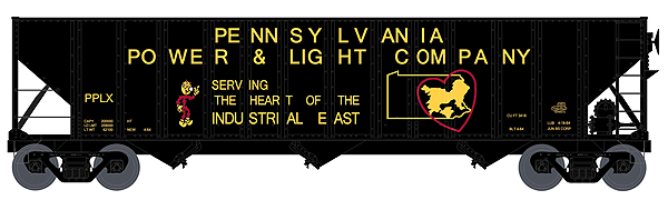Executive Line 100-Ton 3-Bay Open Hopper Assembled -- Pennsylvania Power & Light PPLX No Number (1964 Scheme, black, Reddy Kilowat