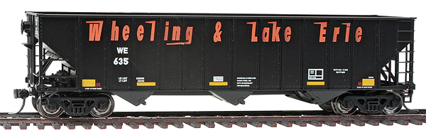100-Ton 3-Bay Hopper - Ready to Run -- Wheeling & Lake Erie #635 (black, orange, yellow Conspicuity Markings)