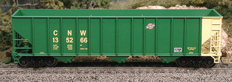 100-Ton 3-Bay Hopper - Ready to Run - Executive Line -- Chicago & North Western #135201 (green, yellow End, Small Logo)