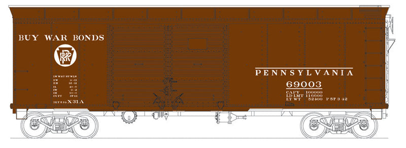 Class X31a Round-Roof Double-Door Boxcar - Ready to Run -- Pennsylvania Railroad #69010 (Tuscan, Circle Keystone, Buy War Bonds Slogan)