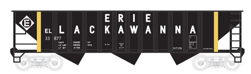 70-Ton 12-Panel 3-Bay Hopper - Ready to Run -- Erie Lackawanna #33877 (black, yellow Stripes, Billboard Lettering)