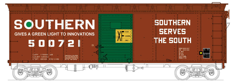 40' Single-Door Boxcar - Ready to Run -- Southern Railway #500721 (Boxcar Red, green, Serves the South Slogan)