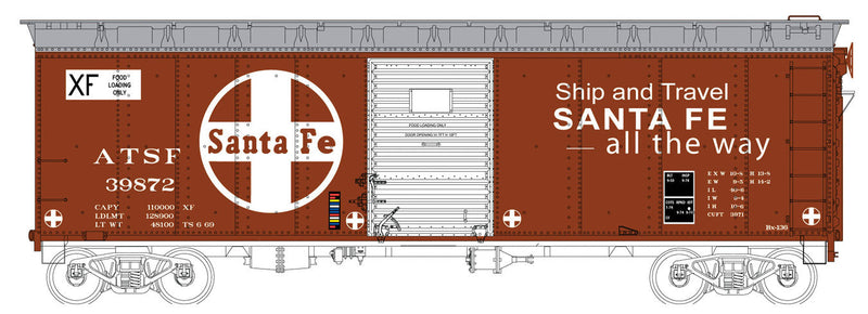 40' Single-Door Boxcar - Ready to Run -- Santa Fe #39872 (Boxcar Red, white, Large Logo, Ship & Travel Slogan)