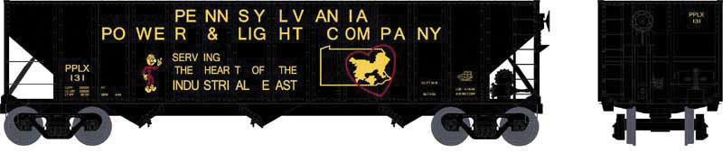100-Ton 3-Bay Open Hopper - Ready to Run - Executive Line -- Pittsburgh Power & Light PPLX #129 (black, yellow, Reddy Kilowatt Logo)