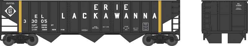 70-Ton 14-Panel 3-Bay Hopper - Ready to Run -- Erie Lackawanna #33107 (black, yellow, Spelled-Out Roadname)