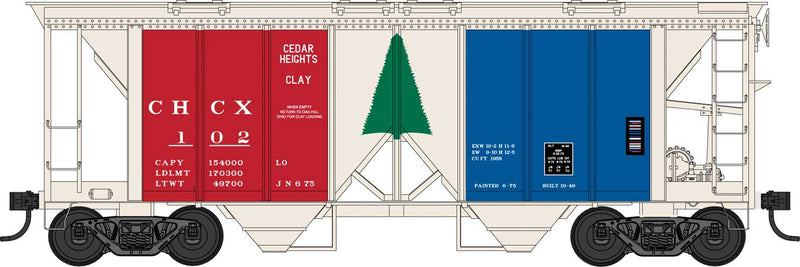 70-Ton 2-Bay Covered Hopper with Open Sides - Ready to Run -- Cedar Heights Clay 102 (red, white, blue)