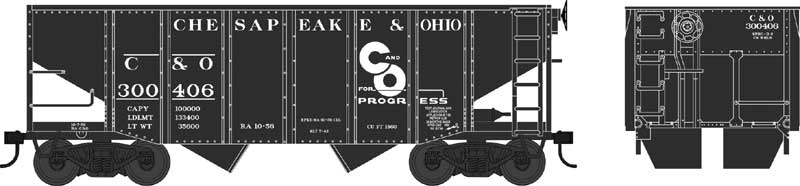 55-Ton Fishbelly Hopper - Ready to Run -- Chesapeake & Ohio 300418 (black, Progress Logo)