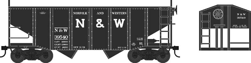 55-Ton Fishbelly Hopper with Peaked Ends - Ready to Run -- Norfolk & Western 39602 (black, Block Lettering)