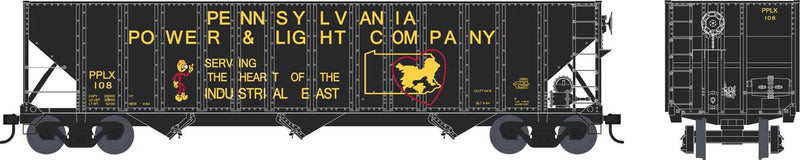 100-Ton 3-Bay Open Hopper - Ready to Run - Executive Line -- Pennsylvania Power & Light 108 (black, yellow, red, Reddy Kilowatt Logo)