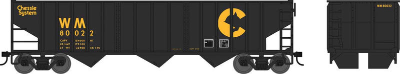 70-Ton 14-Panel 3-Bay Hopper - Ready to Run -- Chessie System WM #80073 (black, yellow)