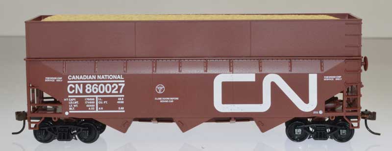 70-Ton Offset-Side Wood Chip Hopper with Flat Side Extensions - Ready to Run -- Canadian National #860022 (Built 4-52; Boxcar Red, white; Large Noodle Logo)