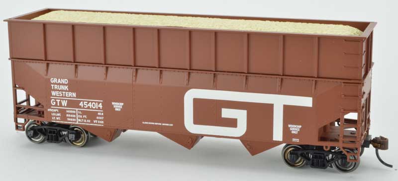 70-Ton Ribbed-Side Wood Chip Hopper with Ribbed Side Extensions - Ready to Run -- Grand Trunk Western 454015 (Built 12-52, Boxcar Red, white, Large GT Logo)