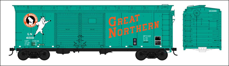 40' Double-Door Boxcar - Ready to Run -- Great Northern 4000 (Jade Green, red, Standing Rocky, Built 3-62 Repack 11-7