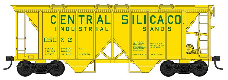 70-Ton 2-Bay Covered Hopper with Open Sides - Ready to Run -- Central Silica Co. 5 (yellow, green, Built 5-49 Repack 8-70)