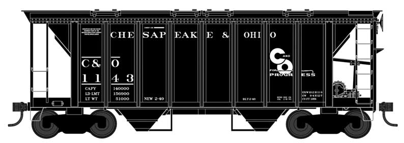 70-Ton 2-Bay Covered Hopper with Closed Sides - Ready to Run -- Chesapeake & Ohio 1148 (black, Progress Logo, Built 2-49 Repack 2-49)