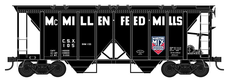 70-Ton 2-Bay Covered Hopper with Open Sides - Ready to Run -- McMillen Feed Mills 105 (black, white, red, Built 8-51 Repack 2-57)