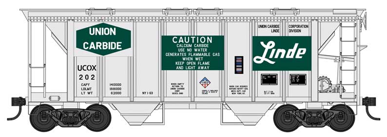 70-Ton 2-Bay Covered Hopper with Closed Sides - Ready to Run -- Union Carbide Linde 202 (gray, green, Built 7-54 Repack 1-63)