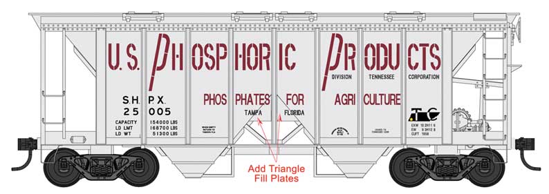 70-Ton 2-Bay Covered Hopper with Open Sides - Ready to Run -- US Phosphoric Products 25019 (gray, red, Built 6-40)