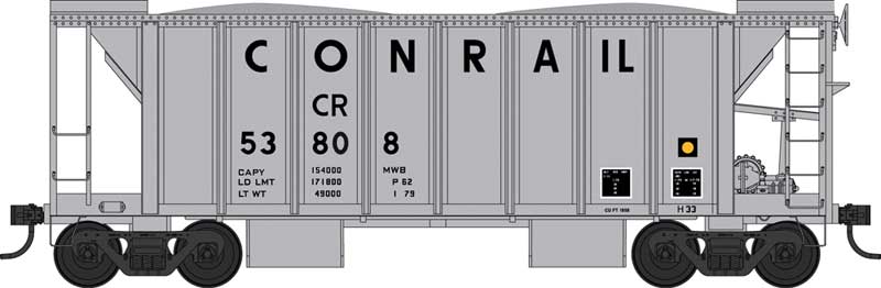 70-Ton 2-Bay Ballast Hopper with Side Chutes (Ballast Gates) - Ready to Run -- Conrail 53870 (Built 4-42, MOW yellow, Large Logo Panel)