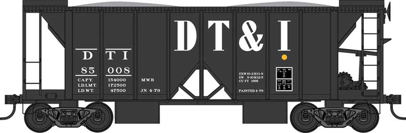 70-Ton 2-Bay Ballast Hopper with Side Chutes (Ballast Gates) - Ready to Run -- Detroit, Toledo & Ironton 85000 (Built 7-53, black, large DT&I)