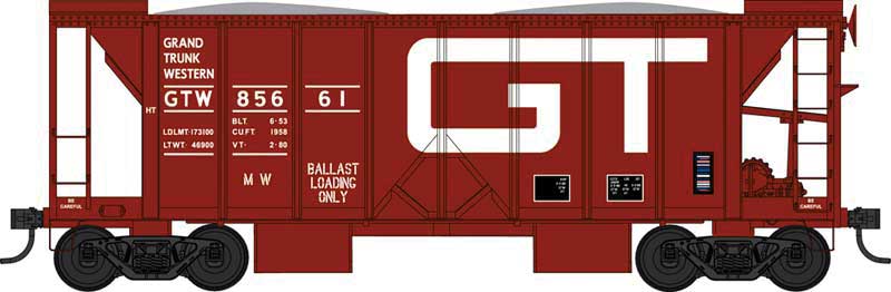 70-Ton 2-Bay Ballast Hopper with Side Chutes (Ballast Gates) - Ready to Run -- Grand Trunk Western 85661 (Built 6-53, Boxcar Red, Large GT Logo)