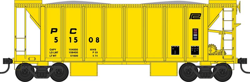70-Ton 2-Bay Ballast Hopper with Side Chutes (Ballast Gates) - Ready to Run -- Penn Central 51508 (Built 5-53, MOW yellow, small logo)