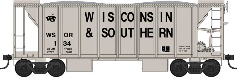 70-Ton 2-Bay Ballast Hopper with Side Chutes (Ballast Gates) - Ready to Run -- Wisconsin & Southern 134 (Built 6-55, gray, Large Lettering, Small Logo)