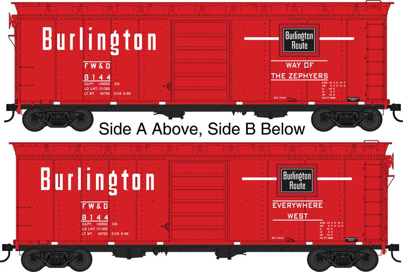 40' Single-Door Steel Boxcar - Ready to Run -- Chicago, Burlington & Quincy FW&D 8129 (Chinese Red, black, white)