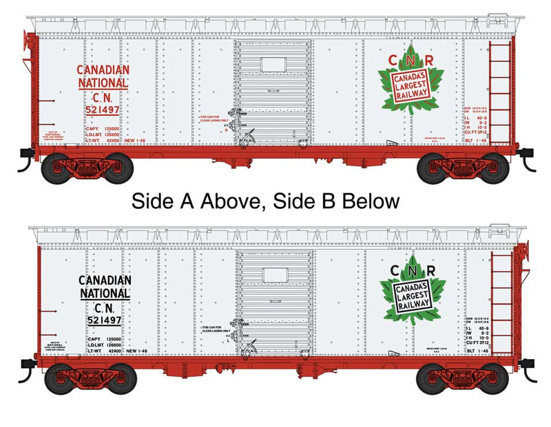 40' Single-Door Steel Boxcar - Ready to Run -- Canadian National 521498 (silver, Boxcar Red, green, Leaf Logos)