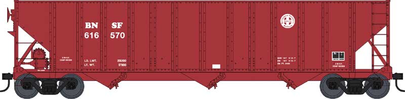 100-Ton 3-Bay Open Hopper - Ready to Run -- Burlington Northern Santa Fe 616570 (Boxcar Red, Circle-Cross Logo)