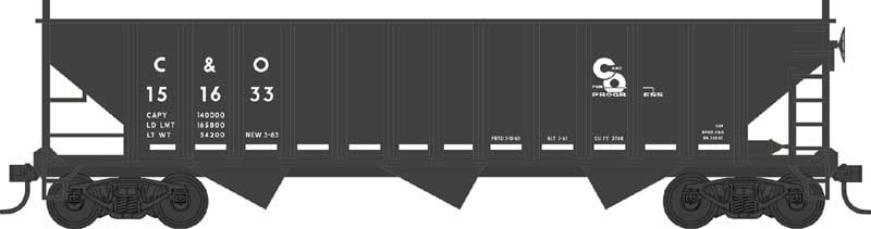 70-Ton 12-Panel 3-Bay Hopper - Ready to Run -- Chesapeake & Ohio 151633 (Built 1963, black, white, Progress Logo)