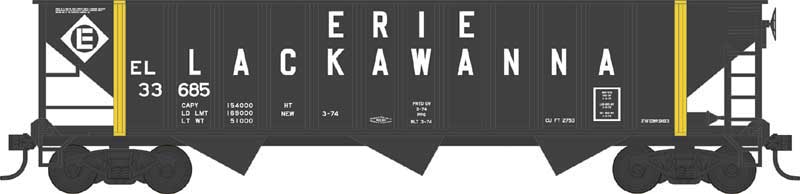 70-Ton 12-Panel 3-Bay Hopper - Ready to Run -- Erie Lackawanna 33676 (1974, black, yellow, Large Lettering)