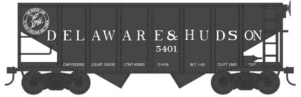 55-Ton Fishbelly Hopper - Ready to Run -- Delaware & Hudson 5401 (Blt. 1-40, black, Bridge Line Logo, Large Lettering)