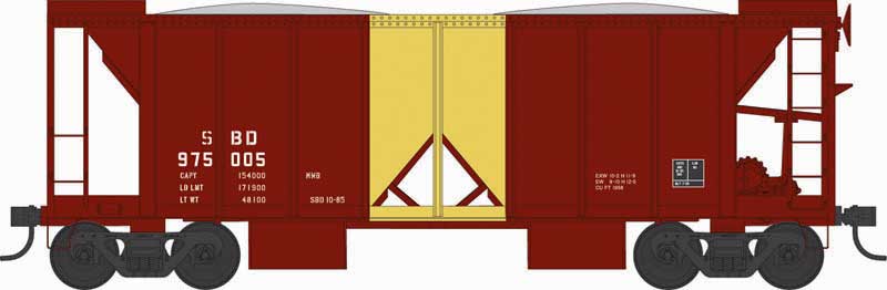 70-Ton 2-Bay Ballast Hopper with Side Chutes (Ballast Gates) - Ready to Run -- Seaboard System 975008 (Boxcar Red, yellow)