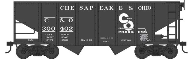 55-Ton Fishbelly Hopper - Ready to Run -- Chesapeake & Ohio #300402 (black, white, Progress Logo)