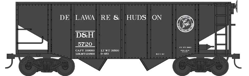 55-Ton Fishbelly Hopper - Ready to Run -- Delaware & Hudson #5720 (black, white, Bridge Logo)