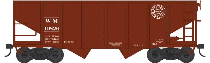 55-Ton Fishbelly Hopper - Ready to Run -- Western Maryland #10828 (Boxcar Red, white, Circle Logo)