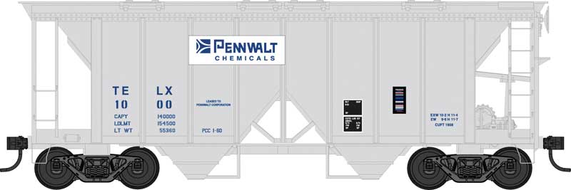 70-Ton 2-Bay Covered Hopper w/Open Sides - Ready to Run -- Pennwalt Chemicals #1000 (gray, white, blue)