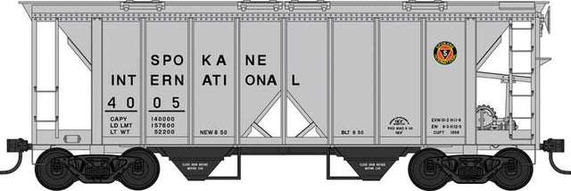 70-Ton 2-Bay Covered Hopper w/Open Sides - Ready to Run -- Spokane International #4005 (gray, black, red, Small Logo)
