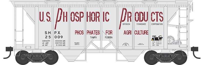 70-Ton 2-Bay Covered Hopper w/Open Sides - Ready to Run -- US Phosphoric Products #25009 (gray, red)